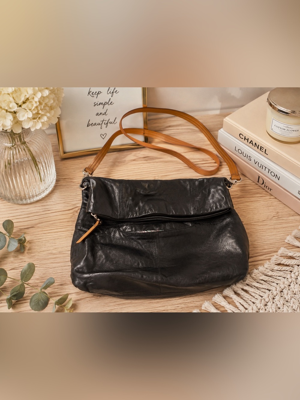 HOBO The Original Black Leather Foldover Shoulder Bag